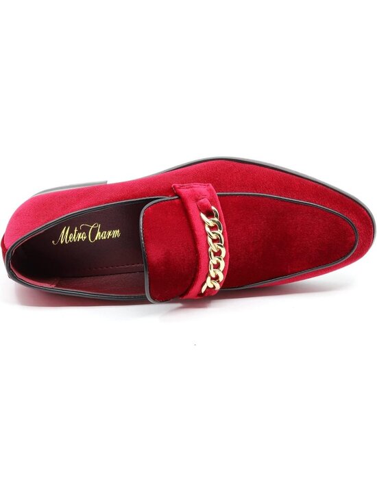 Metrocharm Men\'s Red Vintage Velvet Loafers Gold Chain Buckle Slip On Shoes main image 5